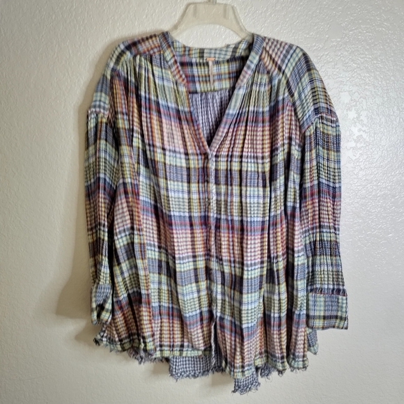 Free People Come On Over Plaid Pleated Oversized Button Up Top Blouse Sz M - Picture 2 of 10